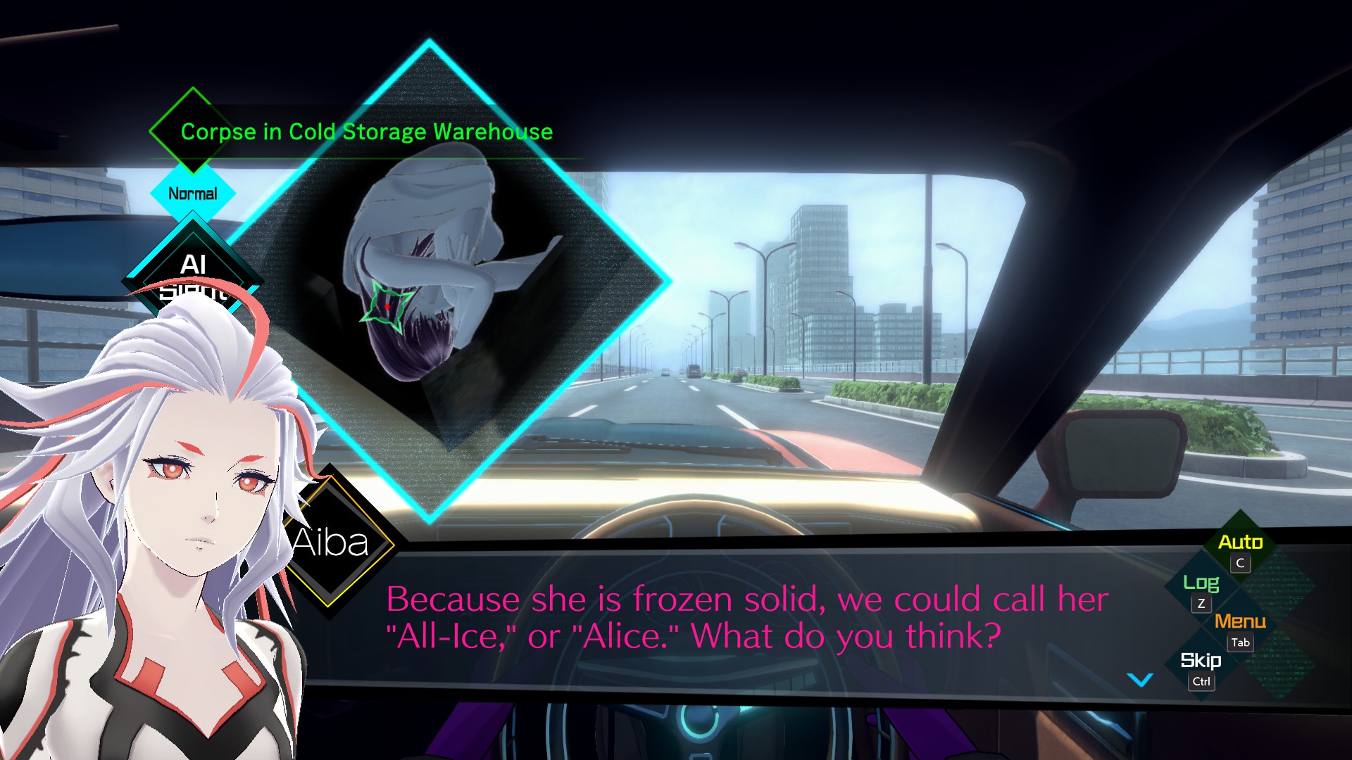 A screenshot of AI: The Somnium Files. Aiba says "Because she is frozen solid, we could call her 'All-Ice,' or 'Alice.' What do you think?"

A picture of "Alice's" (Manaka's) frozen corpse is shown in the corner. This is a reference to "All-Ice" / "Alice" from Zero Escape.
