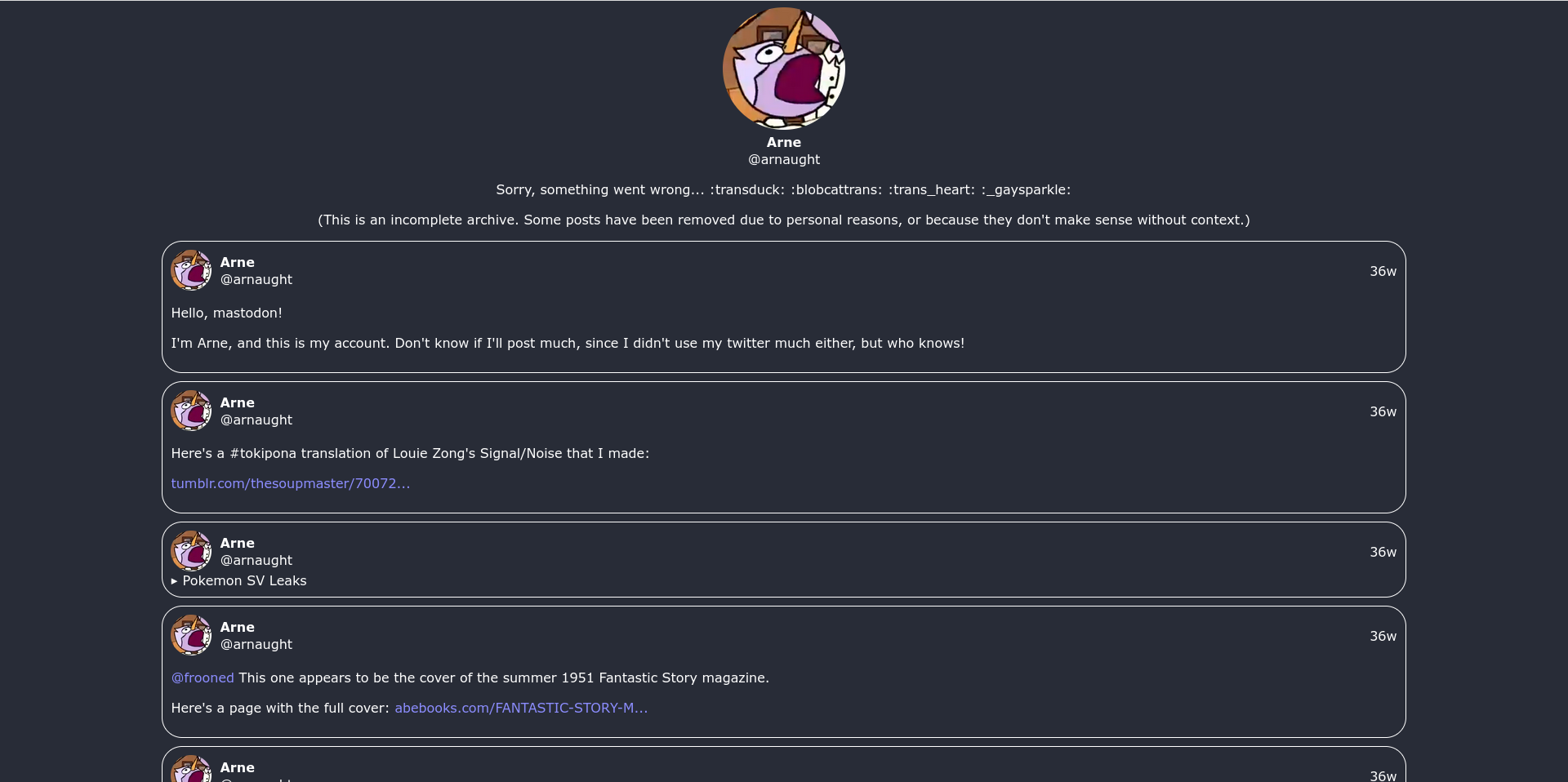 A screenshot of a page from my version of Mastodon Archive Viewer. The profile picture is rounded now, and each post has a profile picture displayed next to the user and display name. No images are missized or overlapping.