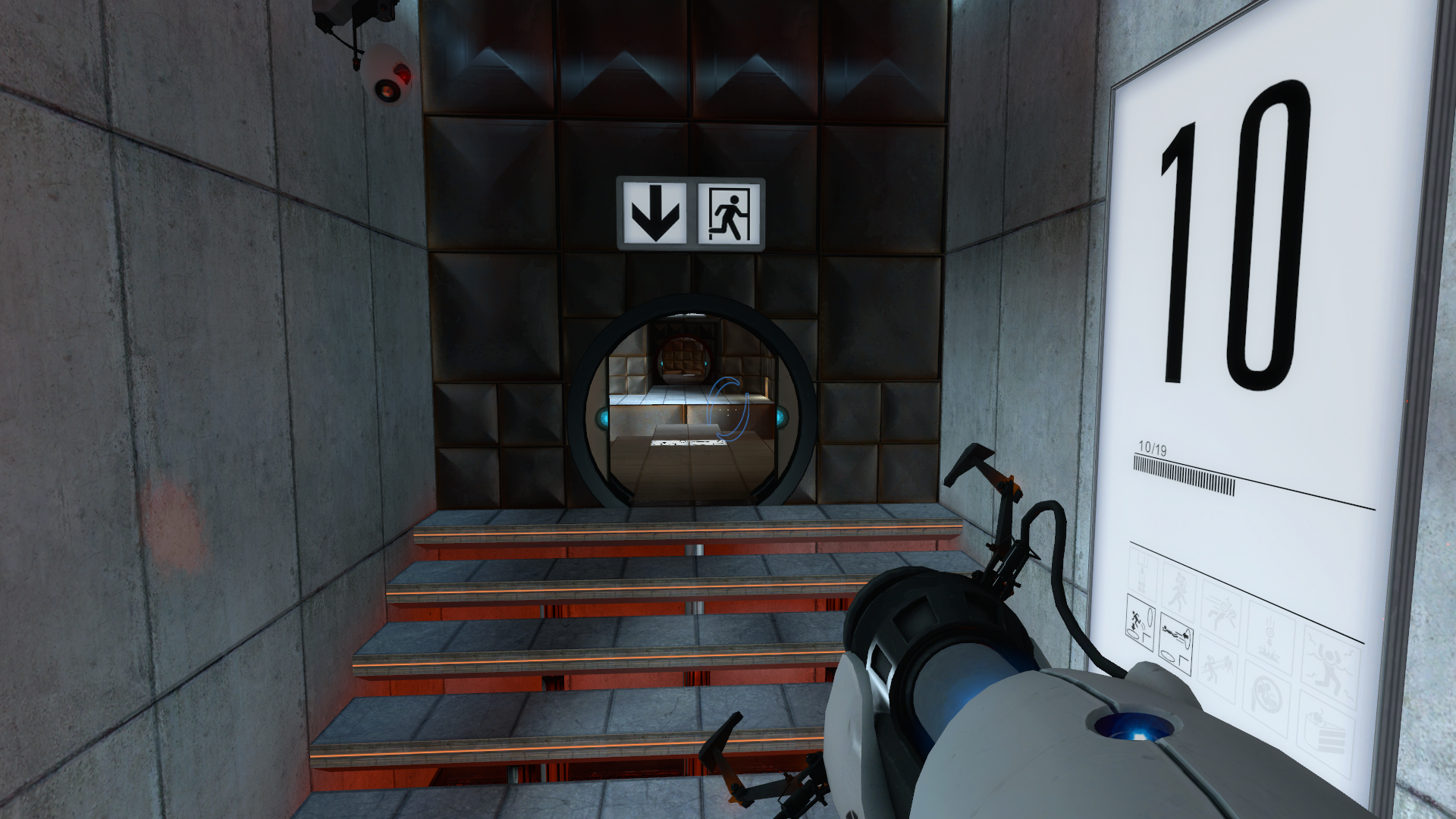 A screenshot of Portal, showing test chamber 10. This is what the broken room in PFT is supposed to be. I am looking down a short hallway with stairs leading up to a door. The test chamber sign is where the error model was.
