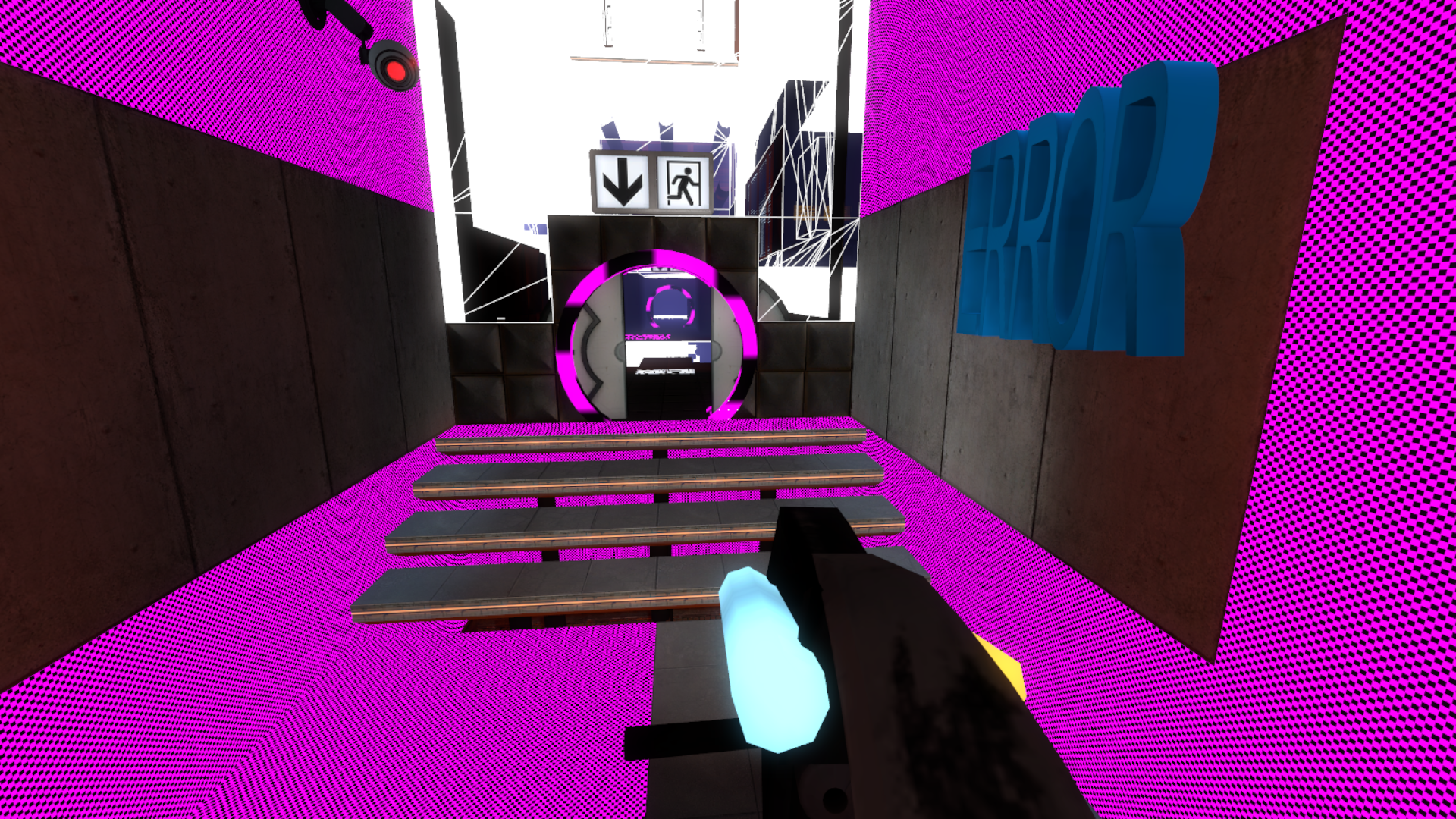 A screenshot of Portal: Forbidden Testing Tracks. I am looking down a short hallway with a stairs leading up to a door. Most of the walls and floors are missing textures, either displaying the iconic Source engine purple and black checkerboard or being entirely transparent. There is an error model on the right wall.
