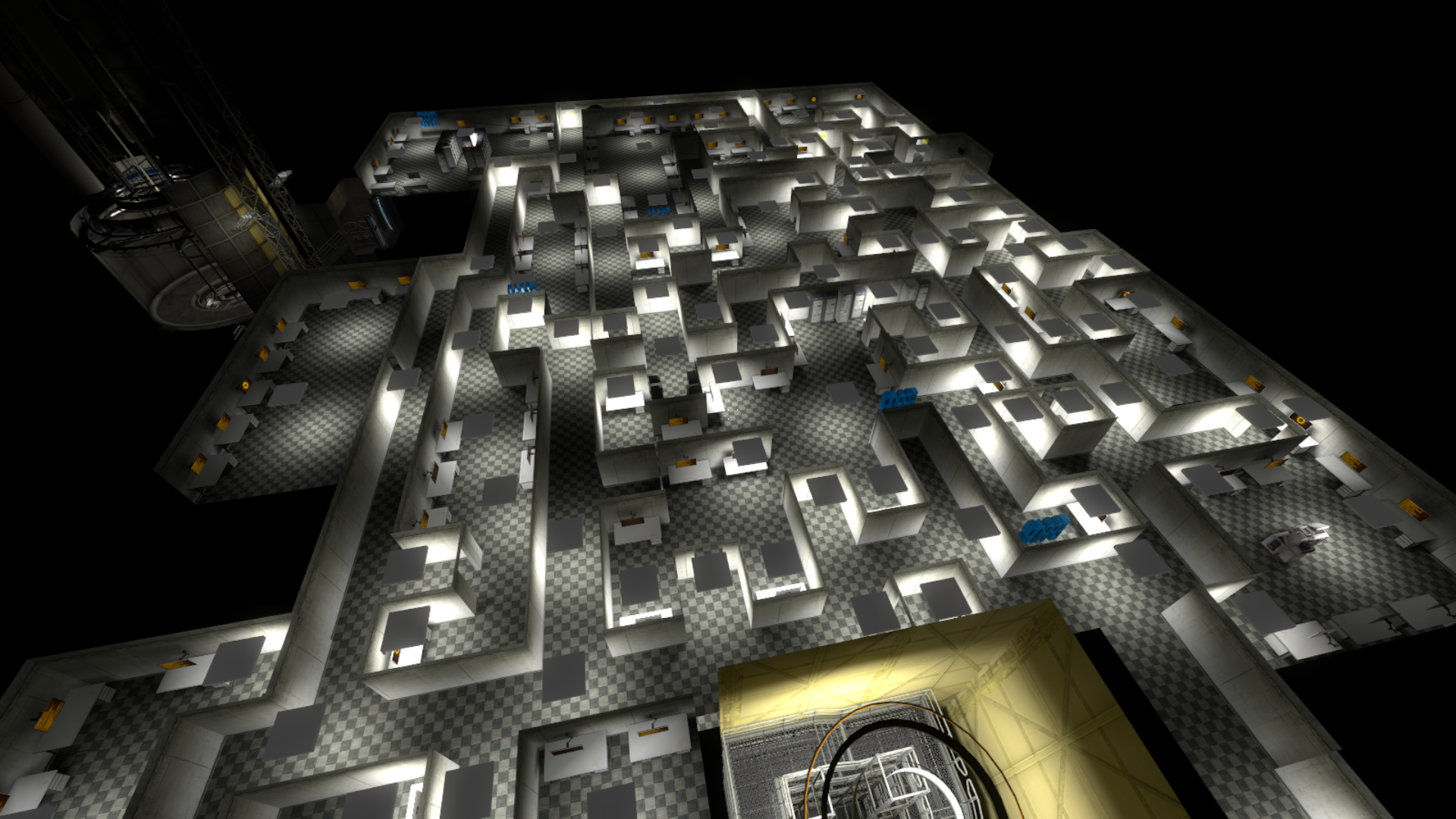 A screenshot of Portal: Forbidden Testing Tracks. I am using noclip to fly above the level. There is a massive maze of identical looking hallways in this level.
