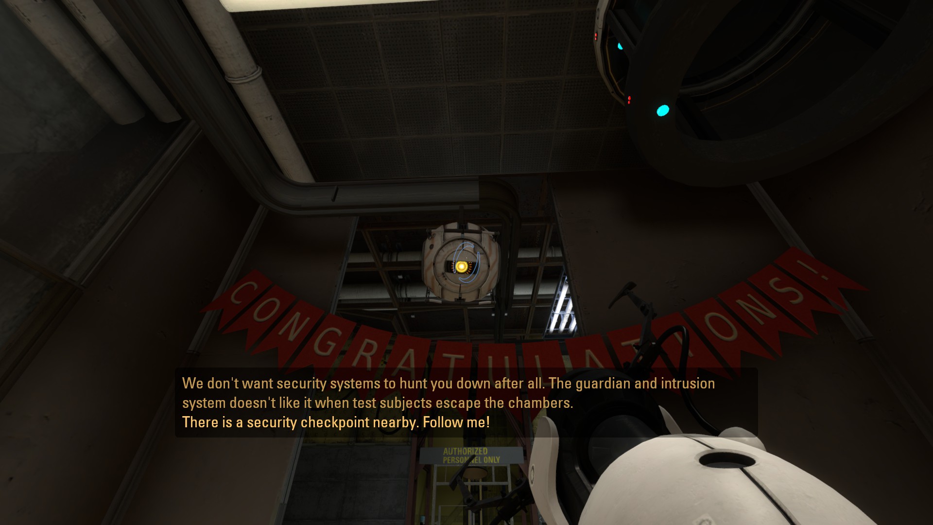 A screenshot of Portal: Revolution. Sterling, a core, is in front of a "Congratulations" sign. He says "We don't want security systems to hunt you down after all. The guardian and intrusion system doesn't like it when test subjects escape the chambers. There is a security checkpoint nearby. Follow me!"

This is referencing the Aperture Employee Guardian and Intrusion System (AEGIS), the main antagonist of Portal Stories Mel.

