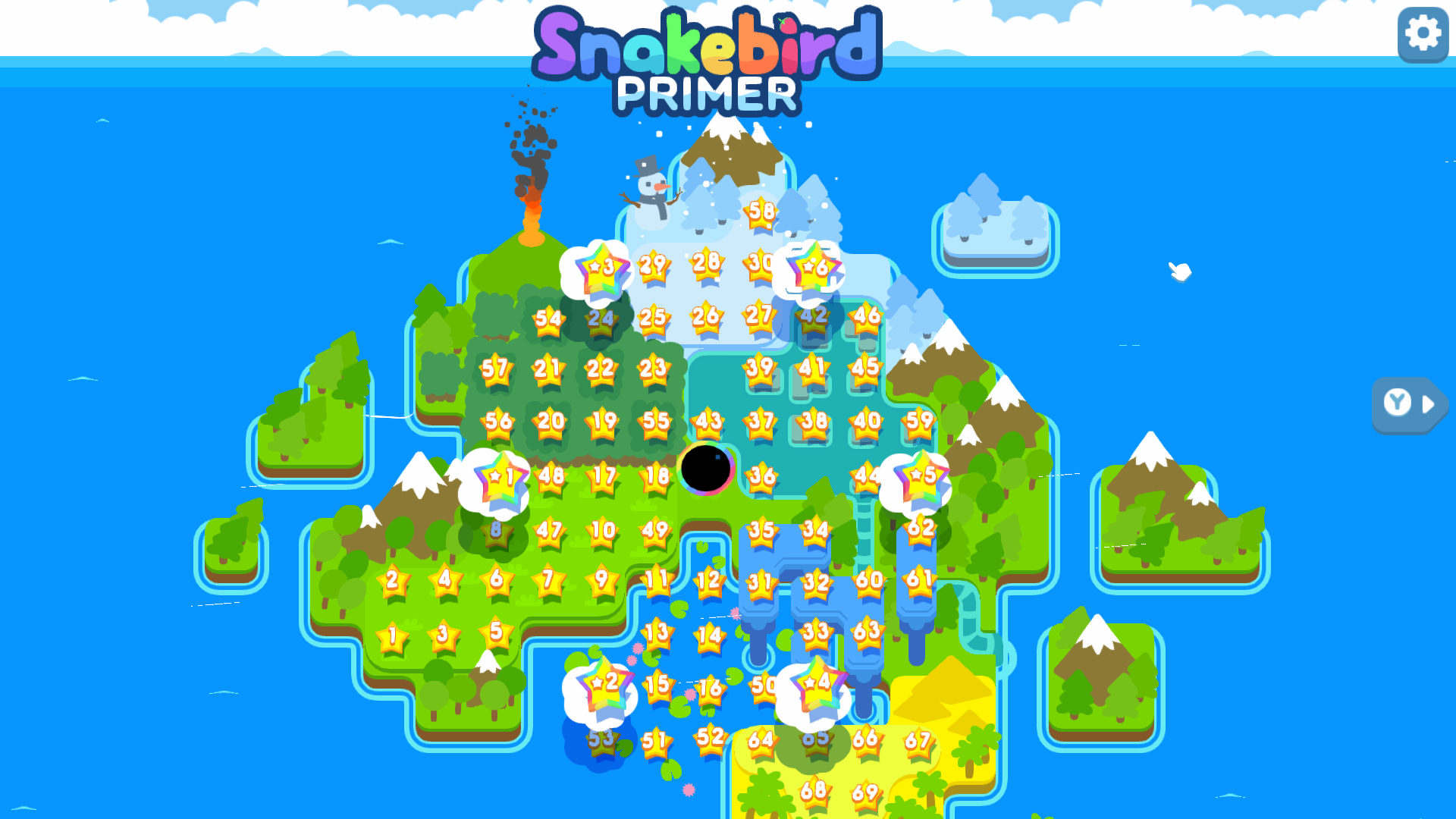 A screenshot of Snakebird Complete, showing the Snakebird Primer island. All of the levels are completed.
