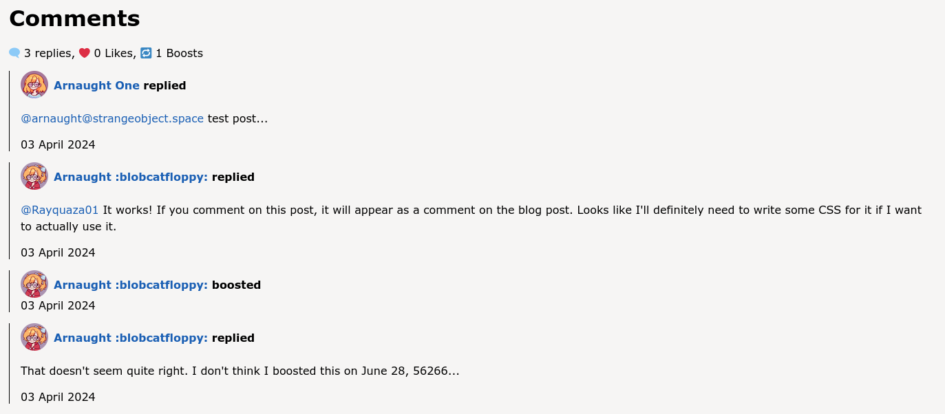 A screenshot of some webmentions beneath this blog post, showing replies and boosts.