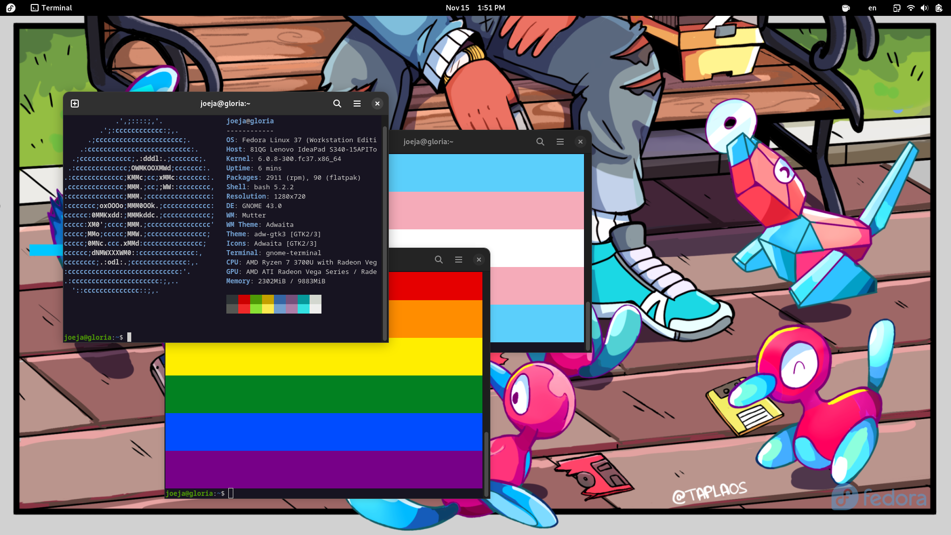 A screenshot of GNOME 43 on Fedora 37. Three terminal windows are open: one with system stats, one with a rainbow pride flag, and one with a trans pride flag.