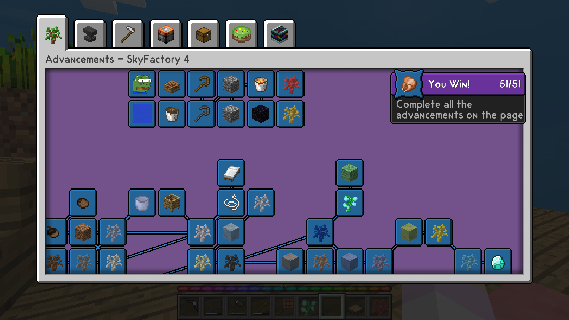 A screenshot of SkyFactory 4, a Minecraft modpack. The first page in the advancements book is open. An advancement is highlighted which says "You Win! Complete all the advancements on the page"
