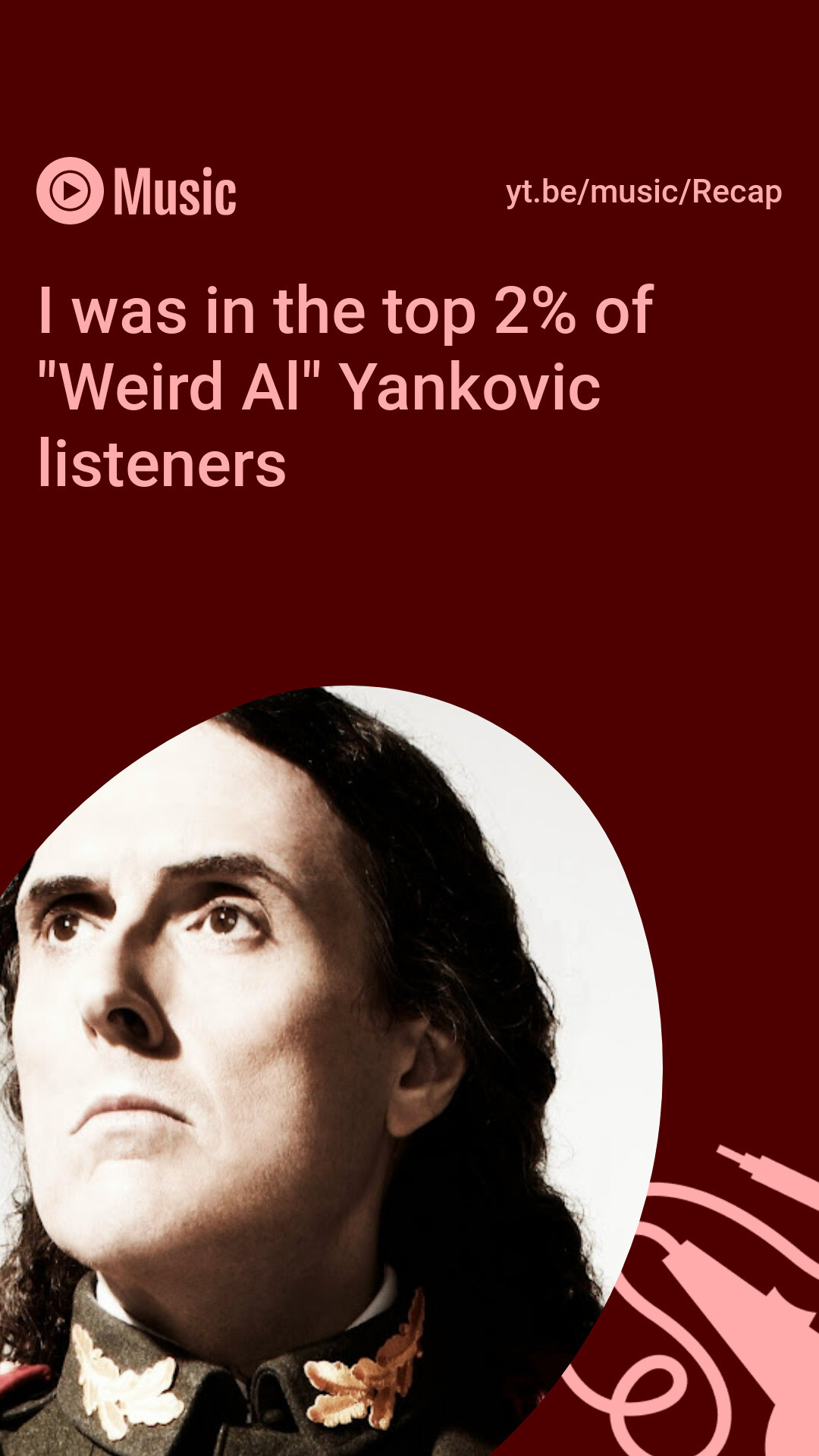 A screenshot of the YouTube Music recap. It says "I was in the top 2% of "Weird Al" Yankovic listeners"

Below this is a picture of "Weird Al" from the cover of the album "Mandatory Fun".