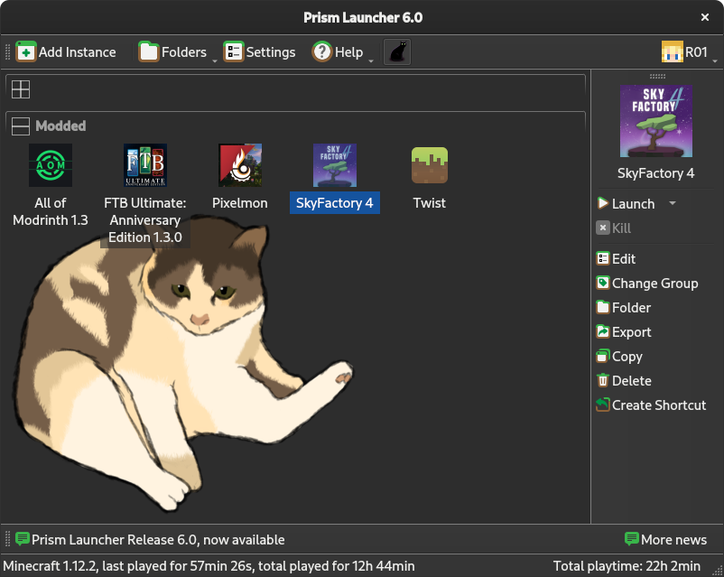 A screenshot of Prism Launcher 6.0. A drawing of a cat is behind the interface.