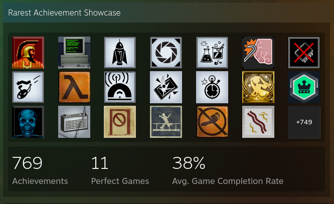 A screenshot of my Rarest Achievement Showcase on Steam. The rarest achievement is getting 5000 points in Columns, followed by Commitment from the Stanley Parable Ultra Deluxe.