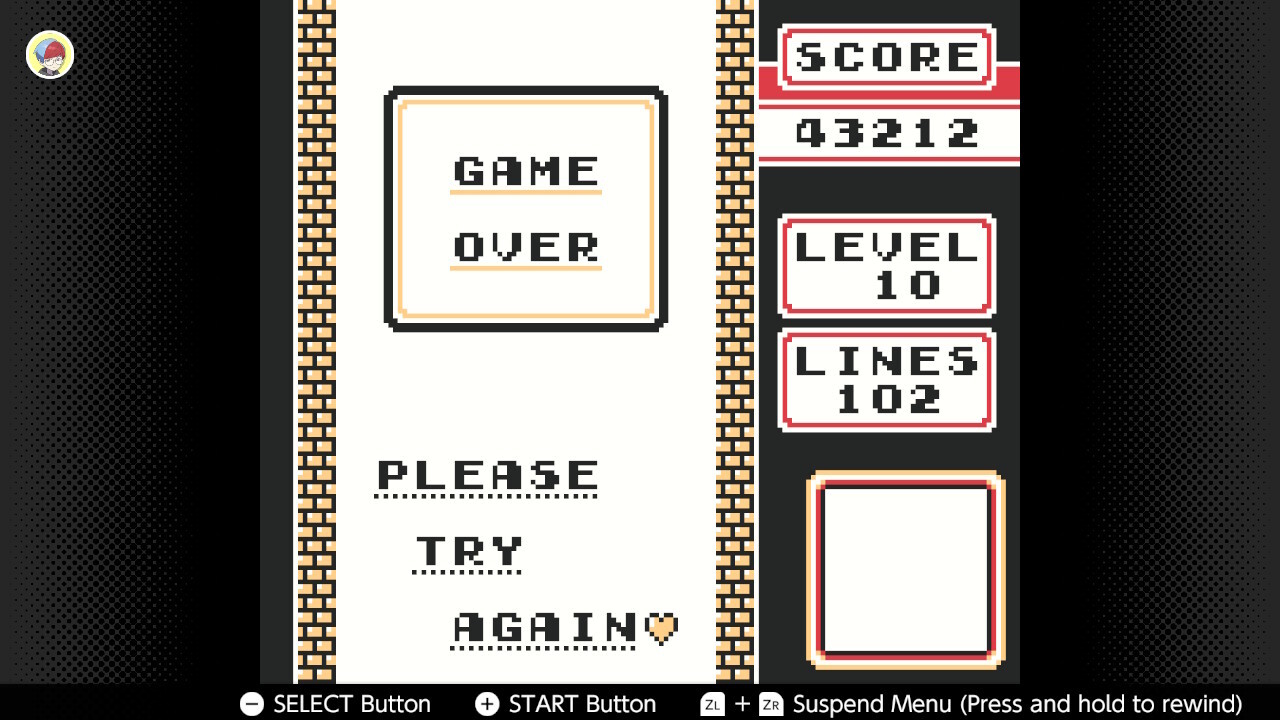 A screenshot of Tetris on GameBoy. Game over with 43,212 points with 102 lines cleared.